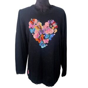 Vintage Quacker Factory Black Sequin Butterfly Heart Sweater Large Teachercore